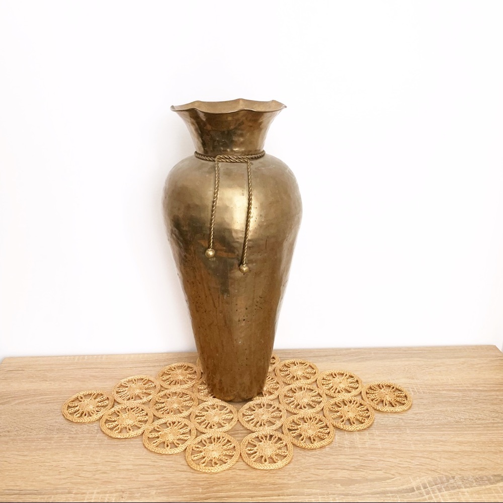 Vintage Tall Hammered Brass Vase Urn Shaped Tassel